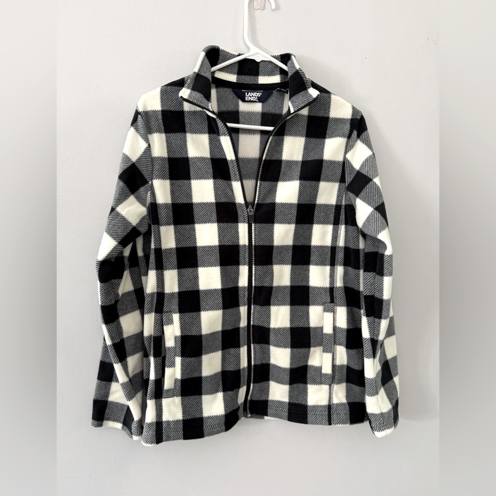 Lands End Full Zip Pullover Fleece Jacket Plaid Black White Soft Comfy Size S M